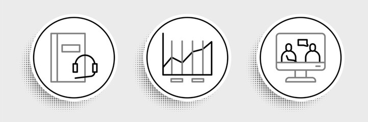 Set line Online education, Audio book and Pie chart infographic icon. Vector