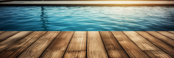 Empty wooden surface with summer travel hotel swimming pool background, generative ai