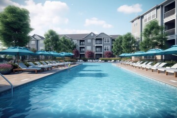 Fototapeta premium Sparkling blue swimming pool, featuring crystal-clear water and a spacious deck area with lounges and umbrellas, perfect for enjoying the summer sun - Generative AI