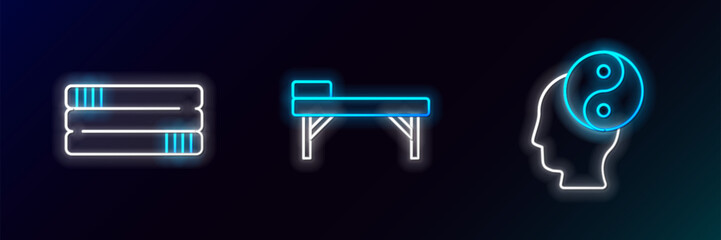 Set line Yin Yang, Towel stack and Massage table icon. Glowing neon. Vector