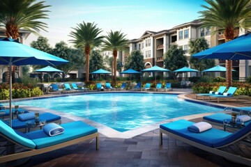 Sparkling blue swimming pool, featuring crystal-clear water and a spacious deck area with lounges and umbrellas, perfect for enjoying the summer sun - Generative AI