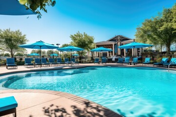 Fototapeta premium Sparkling blue swimming pool, featuring crystal-clear water and a spacious deck area with lounges and umbrellas, perfect for enjoying the summer sun - Generative AI
