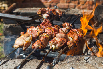 Meat kebab cooked on fire