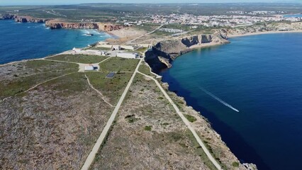 4K Drone Aerial View Of Sagres Fortress At Sagres Point In Algarve, Portugal 25 april 2023