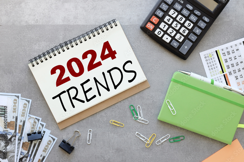 Poster trend 2024 gray background with notepad and calculator