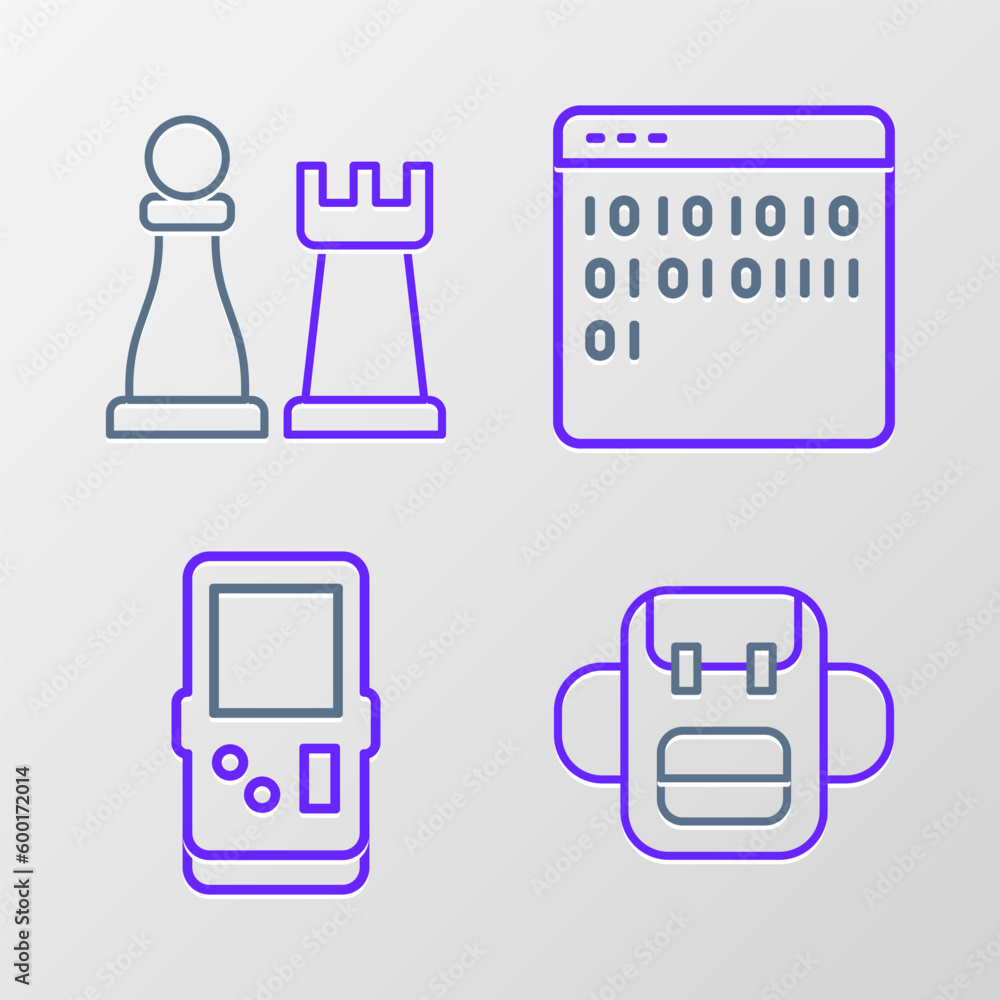 Poster set line school backpack, tetris, binary code and chess icon. vector