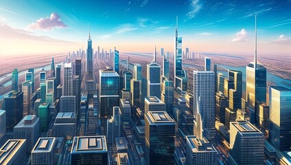 Digital illustration of a city with skyscrapers, generative AI