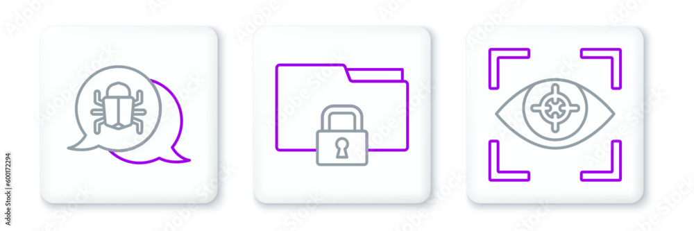 Poster set line eye scan, system bug and folder and lock icon. vector