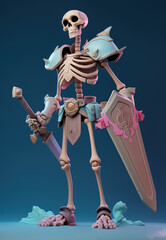 Skeletal warrior in sword and armor, simple background, digital illustration, AI generated