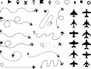 Black aircraft routes and plane silhouettes. Isolated airplanes, dotted path plan and destination pins. Flight icons, travel, tourism decent vector graphic