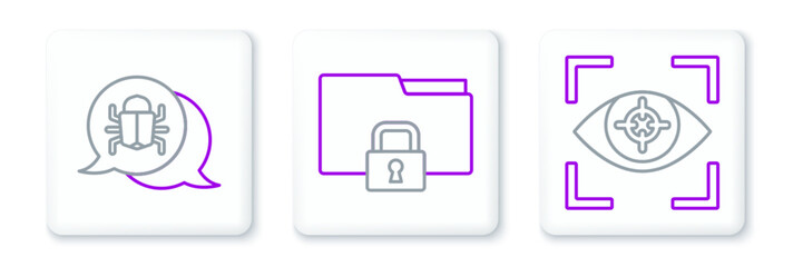 Set line Eye scan, System bug and Folder and lock icon. Vector