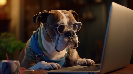 dog  works remotely on a laptop while sitting at home, ai generated
