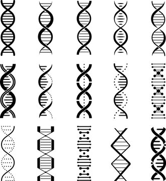 Dna gene icons set. Scientific genes spiral pictograms, isolated helix genetic symbols. Biological medical elements, decent vector research branding