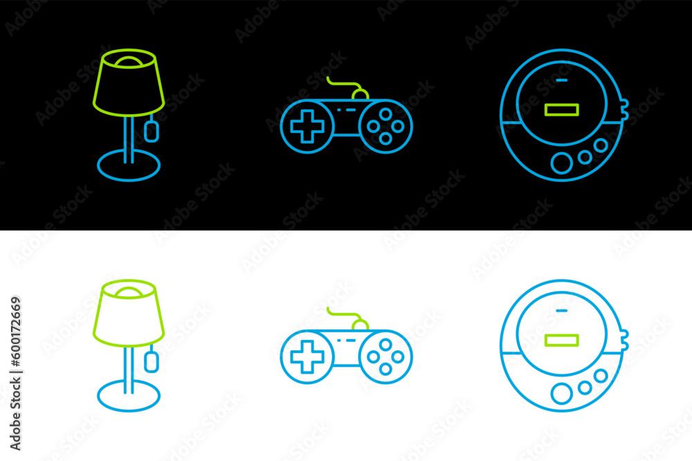 Poster set line music cd player, floor lamp and gamepad icon. vector