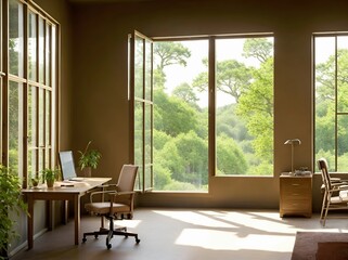 A calm home office with natural wood finishes and large open window, Generative AI