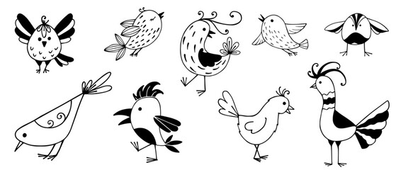 Naklejka premium Set of cute doodle little birds.Vector graphics.