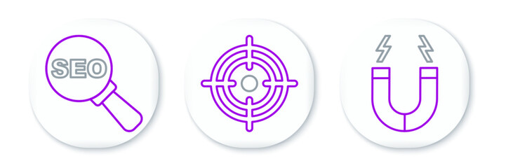 Set line Magnet, SEO optimization and Target icon. Vector