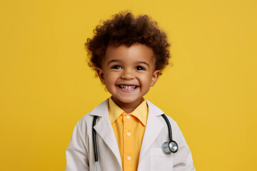 Studio portrait of a child wearing a doctor uniform with stethoscope. Generative ai - obrazy, fototapety, plakaty
