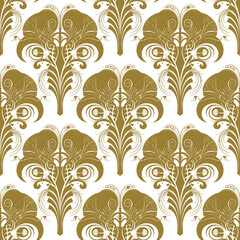 Vintage art nouveau floral seamless pattern. Vector ornamental antique old style white background with golden vintage flowers, leaves. Ornate retro ornaments. Isolated patterned design on white