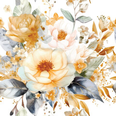 Watercolor beautiful white and yellow elegance flowers seamless pattern. Watercolor vector white background. Hand drawn paint flowers, leaves. Modern artistic ornament. Endless grunge ornate texture