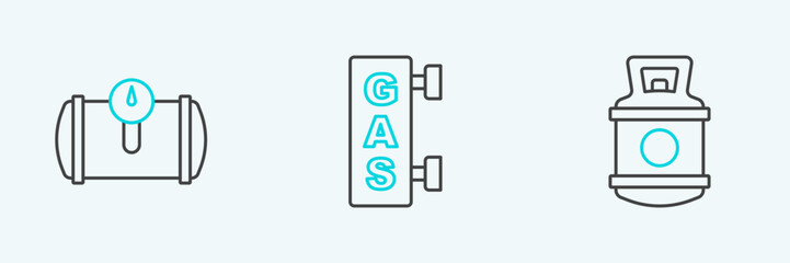 Set line Propane gas tank, Gas for vehicle and filling station icon. Vector