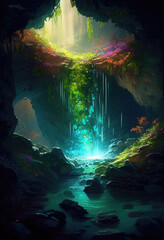 Waterfalls in with colorful crystal cave inside the mountain, Generative AI