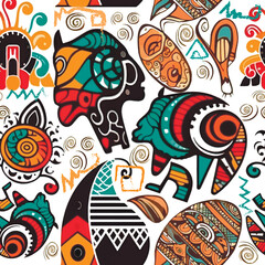 African seamless pattern background illustration. Tribal ethnic afro style ornaments with african symbols, signs. Doodle hand drawn tribe colorful ornaments on white background. Isolated design