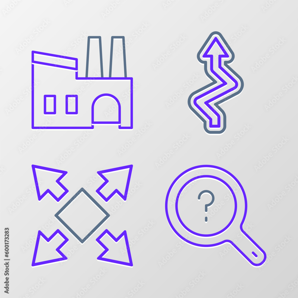 Poster set line unknown search, many ways directional arrow, arrow and factory icon. vector