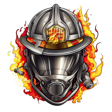 A Firefighter T-shirt Design featuring a close-up of a firefighter's helmet with a reflective visor, with flames and smoke reflecting, Generative Ai