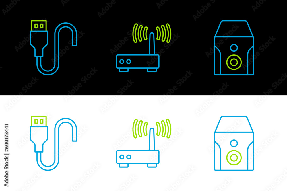 Poster set line uninterruptible power supply, usb cable cord and router and wi-fi signal icon. vector