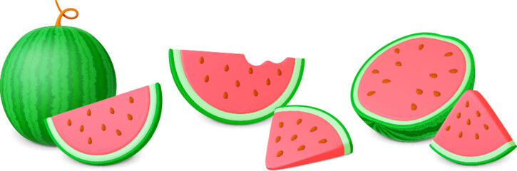 Realistic watermelon 3d set. Juicy fruits, watermelons cuts and half. Natural raw food slice, summer fresh vitamin fruit. Pithy vegan vector graphic