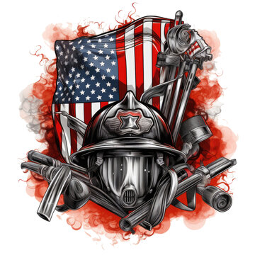 A patriotic Firefighter t-shirt design with an American theme, featuring a graphic of an American flag made of firefighter equipment such as helmets, Generative Ai