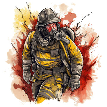 A dynamic Firefighter t-shirt design with an action-packed theme, featuring a graphic of a firefighter in the middle of a rescue mission, Generative Ai