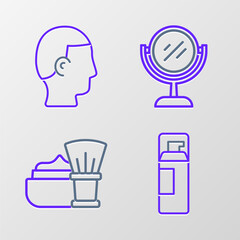 Set line Shaving gel foam, brush with, Hand mirror and Hairstyle for men icon. Vector