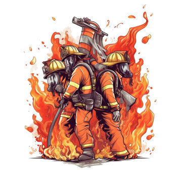 An energetic Firefighter t-shirt design with a cartoonish vibe, showcasing a group of firefighters in action, using hoses and axes to extinguish a raging fire, Generative Ai
