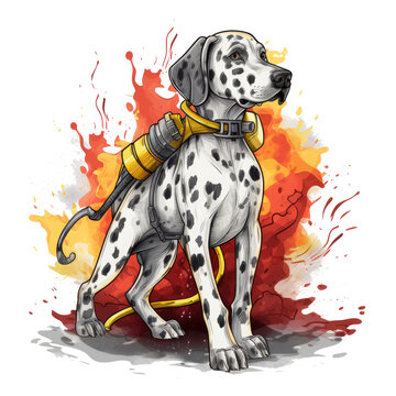 A bold Firefighter t-shirt design with a vintage touch, featuring a fierce-looking Dalmatian in full firefighting gear, standing on its hind legs, holding a hose in its mouth, Generative Ai
