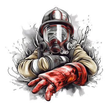 A Firefighter T-shirt Design with a close-up of a firefighter's gloved hand holding a fire hose, Generative Ai