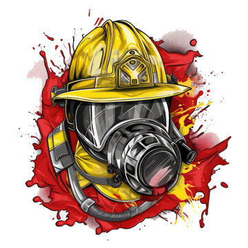 A T-shirt design that focuses on the equipment used by firefighters. The design should feature a detailed illustration of a firefighter's helmet, Generative Ai