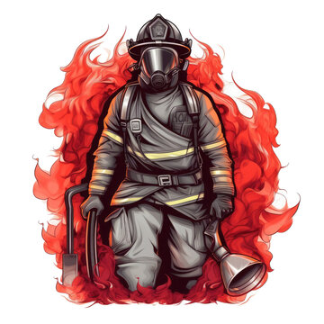 Firefighters are heroes, and your design should reflect that. Create an illustration of a firefighter standing tall with his helmet and axe, Generative Ai