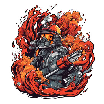 For this T-shirt design, create an abstract interpretation of firefighting. The design should feature a bold and graphic representation of water and flames, Generative Ai