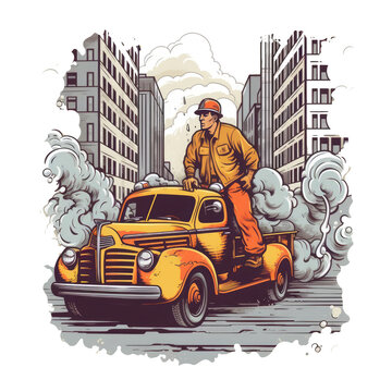 A Firefighter T-shirt Design featuring a retro-style illustration of a firefighter with a classic truck and a hose, driving through a city street, Generative Ai