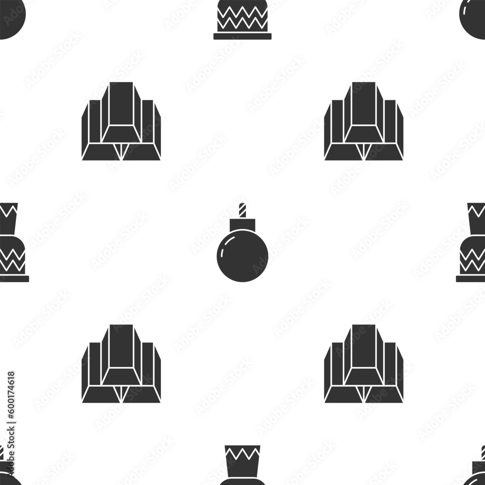 Poster set drum, bomb ready to explode and gold bars on seamless pattern. vector