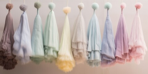 Fototapeta premium Collection of pastel colored dusters hanging in a row transforms act of dusting into an artistic and aesthetically pleasing endeavor, concept of Functional art, created with Generative AI technology