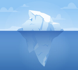 Floating iceberg, huge glacier above and under water. White snow mountain in ocean, melting arctic. Business infographics template, snugly vector scene