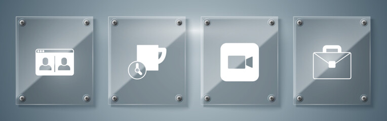 Set Briefcase, Camera, Time management and Video chat conference. Square glass panels. Vector