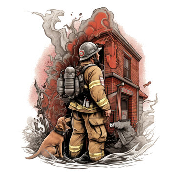 A Firefighter T-shirt Design featuring a graphic illustration of a firefighter with a fire hose and a dog beside him, looking up at a burning building, Generative Ai