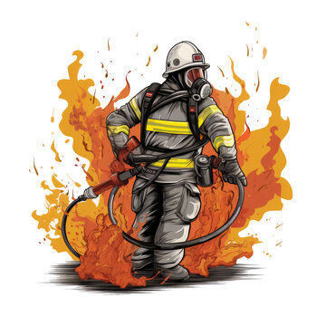 A Firefighter T-shirt Design featuring a stylized illustration of a firefighter in action, using a hose to extinguish flames, Generative Ai