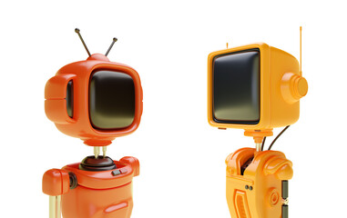 Set 3d friendly robot, cyborg or android with head in shape of an old retro TV or monitor in realistic cute cartoon style. Technology creative concept design. Bright funny render illustration.