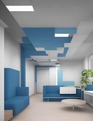 Interior, office Space in moderna Architectural Style, Clean moderna Design Featuring Blue and withe Color Scheme, Beautiful Ligth. Generate AI