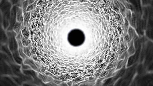 Endless white tunnel background animation. White futuristic tunnel made of wires with bokeh effect. Heaven tunnel, black hole. Technology, innovations, ai, metaverse. Seamless loop, 4k. 